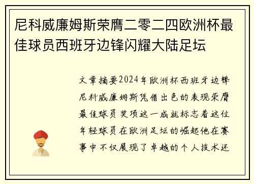 尼科威廉姆斯荣膺二零二四欧洲杯最佳球员西班牙边锋闪耀大陆足坛