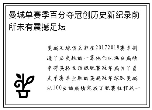 曼城单赛季百分夺冠创历史新纪录前所未有震撼足坛 曼城单赛季百分夺冠创历史新纪录前所未有震撼足坛